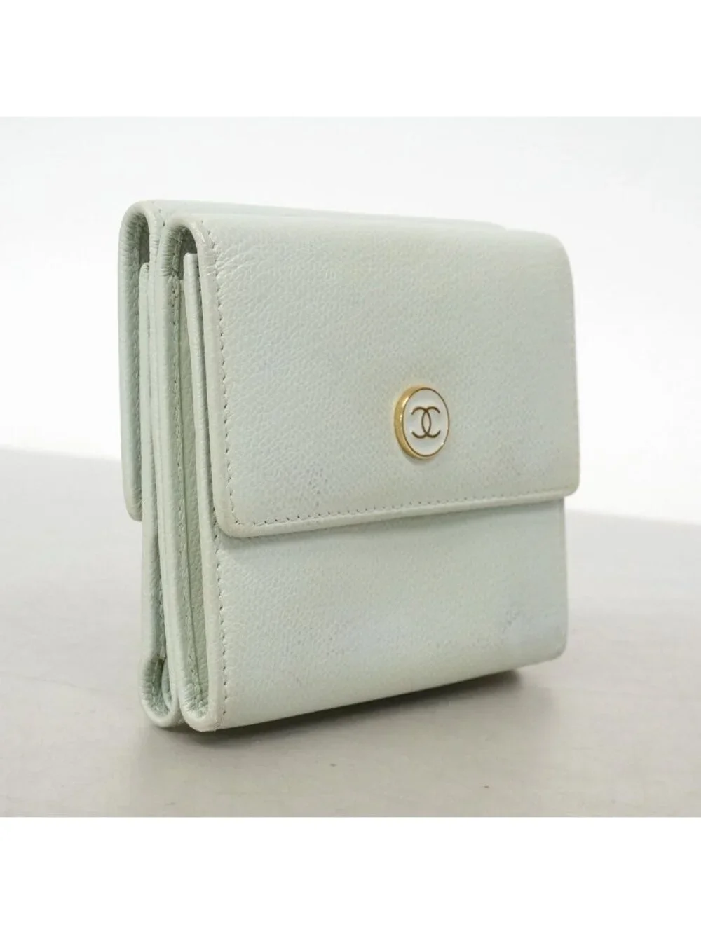 Chanel Trifold Wallet Coco Buttons Caviar Leather Light Green Gold